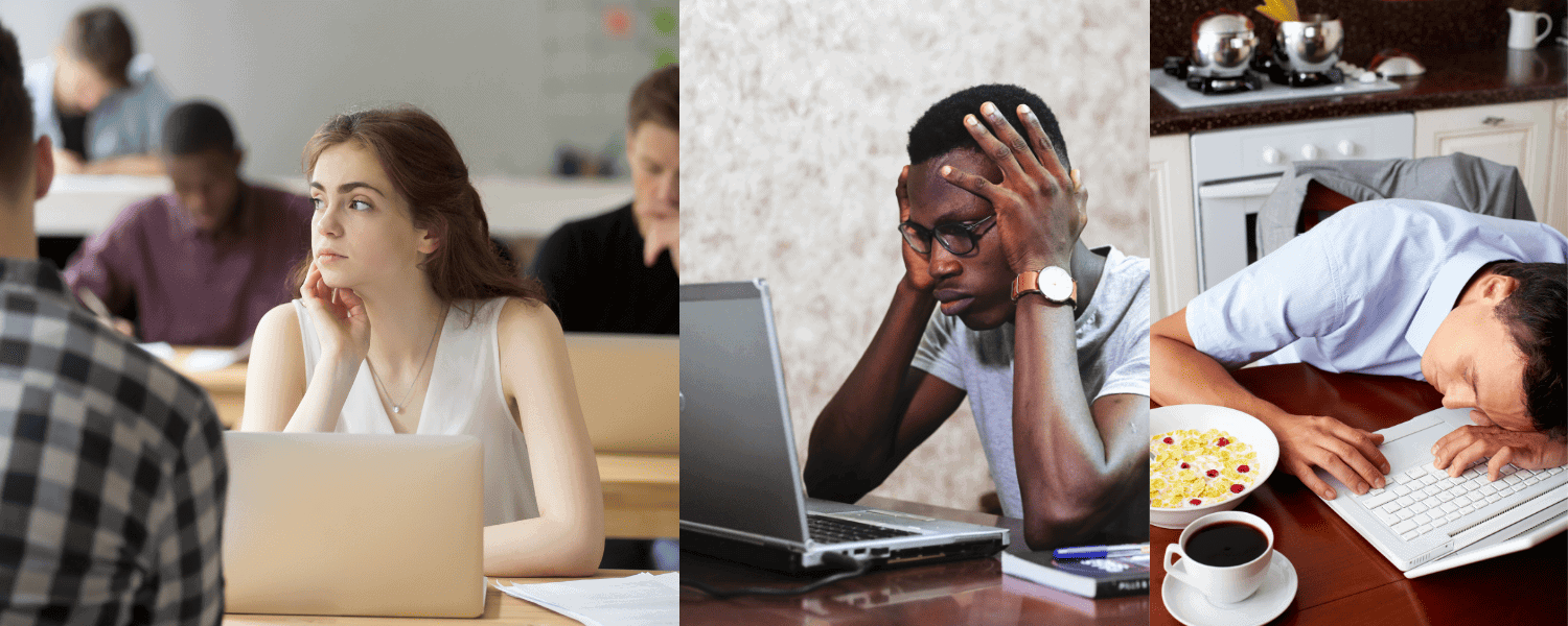 one image of a girl daydreaming, an image of a man confused in front of his computer, and an image of a man asleep in front of his computer and breakfast