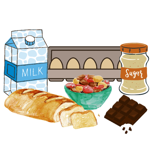 milk carton, eggs, sugar, nuts, a loaf of bread, and a chocolate bar