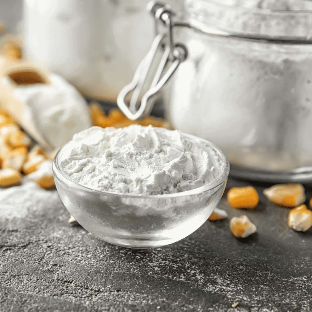 a small bowl of cornstarch sitting in front of a jar of cornstarch on a black countertop with kernels of corn scattered around. 