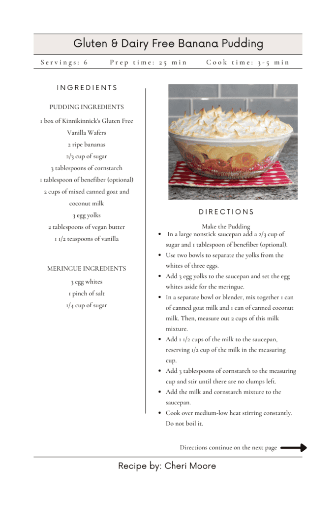 Gluten and dairy free banana pudding recipe card