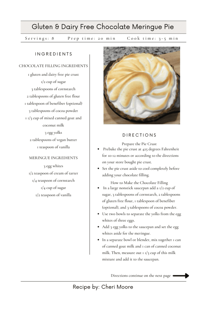 Homemade gluten and dairy free chocolate meringue pie recipe card