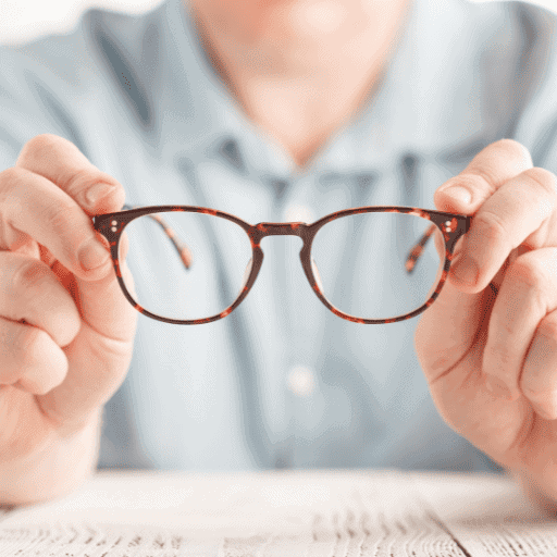 man wearing a blue button up shirt holding a pair of glasses with both hands in front of his chest. His arms are resting on the table.