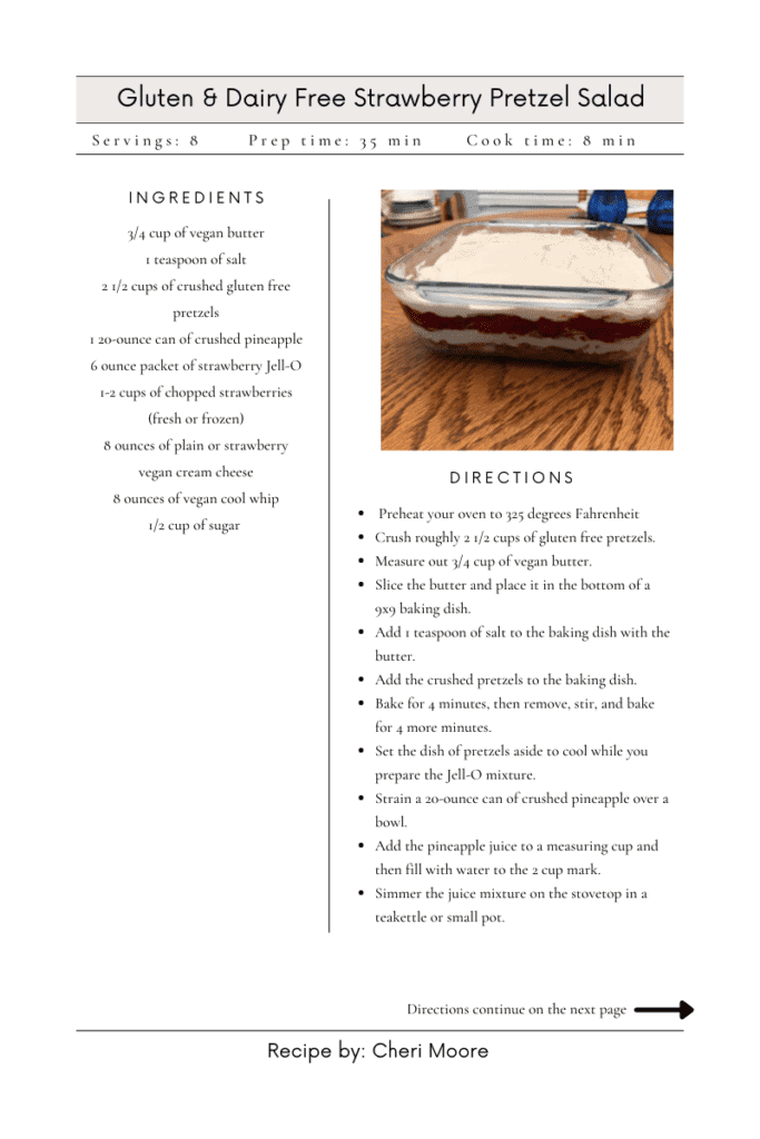 gluten and dairy free strawberry pretzel salad recipe card