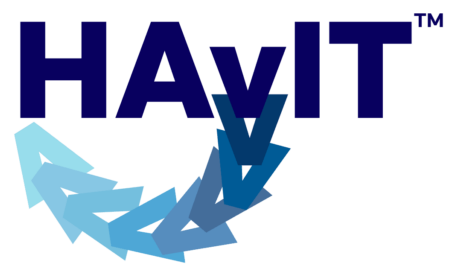 logo, HAvIT in dark navy blue with a lowercase v. Underneath H is an upside down v that repeats itself traveling towards lowercase v ending upright as the final dark navy v. Colors change from the lightest blue to the darkest blue as it travels from H to v.